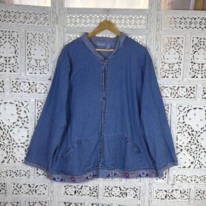 Vtg Granny Cottage Embroidered Chore Jacket Womens 3X Shacket Barn Denim